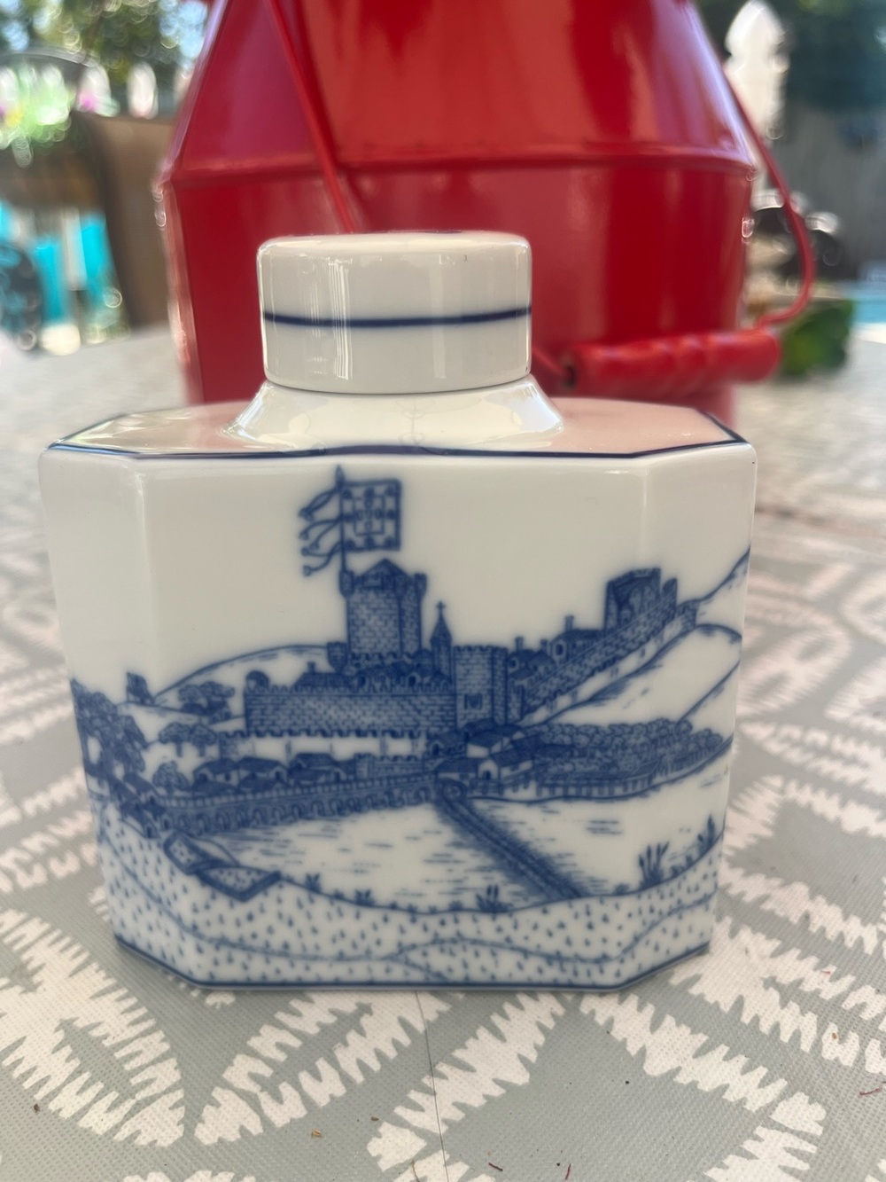 Vista Alegre Blue and White Porcelain Tea Caddy with Scenic Castle Motif